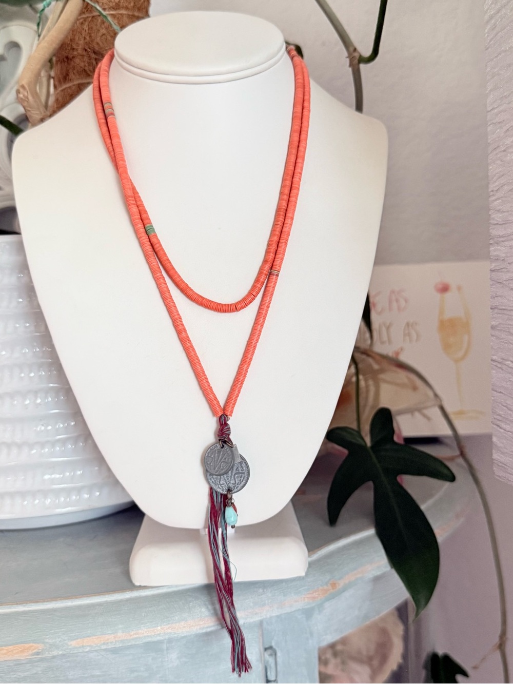Chan Luu Coral Long Beaded Necklace Coin Tassel Pendant